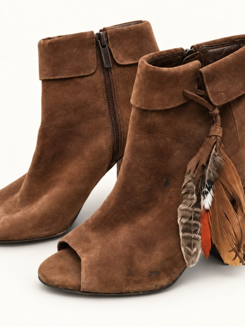 Jessica Simpson Brown Feather Tassel Peep Toe Block Heel Booties 7M
